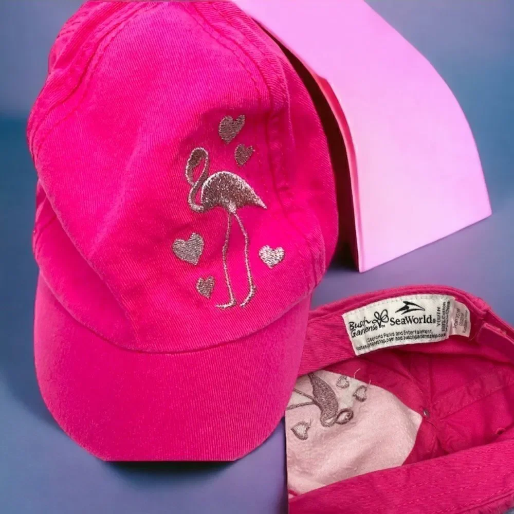 lBusch Gardens at Sea World l Girl’s Pink Flamingo Cap l Velcro l Youth l EUC